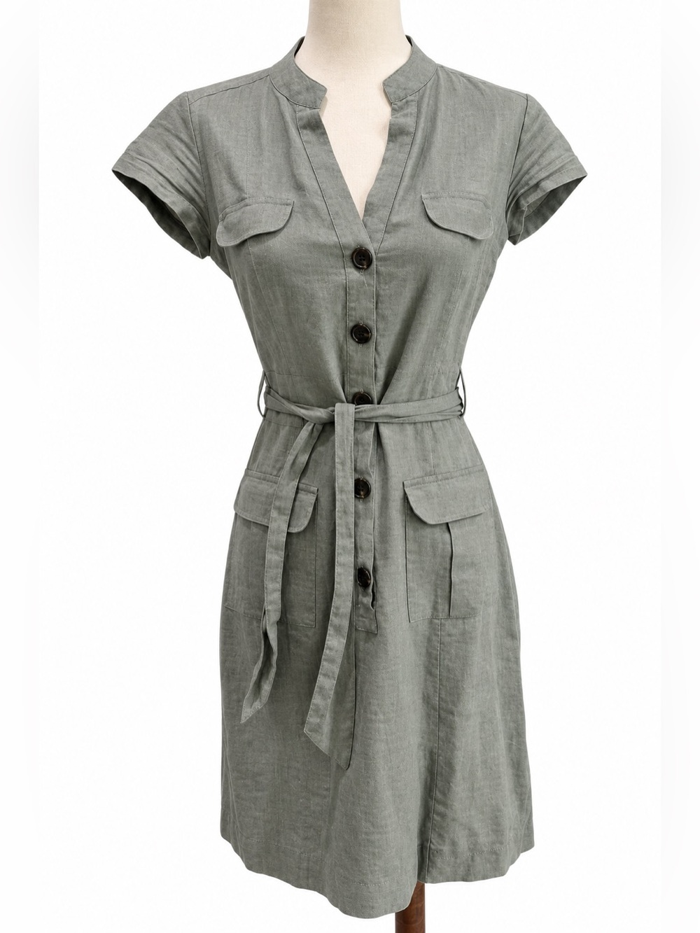 Banana Republic Linen Cotton Women’s Gray Green Button-Front Shirt Dress 0